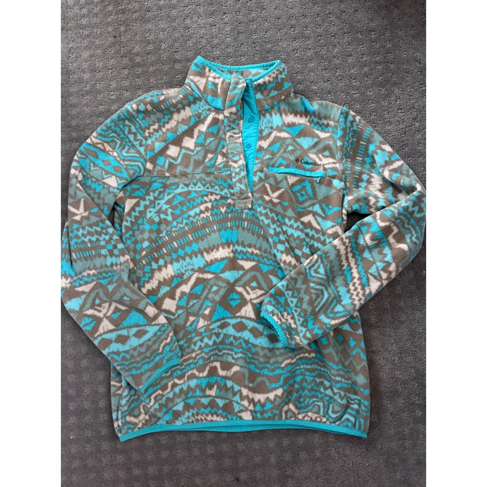 Columbia Womens Aztec Fleece Pullover Teal Brown Geometric Snap Neck Large